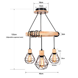 Stoex F40CM Lustre Rétro Plafonnier En Bois E27 3 Flammes, Lampe De Plafond Annulaire Lustre Cage En Métal Pour Salon, Cuisine, Chambre, Noir pas cher