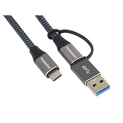 PremiumCord Câble USB 3.2 Gen 2 de Type C Mâle vers Mâle, Charge Jusqu'à 5 A/100 W, 20 Gbit/s, Capuchons en Aluminium, Tressage de Coton, Réduction USB-C/USB-A, Longueur: 2 m, Noir/Gris pas cher