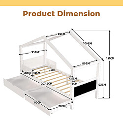ComfortXL Lit enfant en bois avec deux tiroirs, barrière de sécurité, design en forme de toit, 90x200 cm, blanc, facile à monter.
