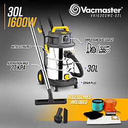 VACMASTER PROFESSIONAL Aspirateur eau et poussières 1600W - 30L inox - 27 Kpa avec prise intégrée et bouchon de vidange