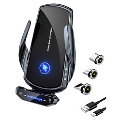 Chrono Chargeur de voiture sans fil, support de téléphone de voiture 2021 amélioré, charge rapide Qi 15 W, support de téléphone de voiture compatible avec tous les smartphones (avec 3 têtes magnétiques) (noir)