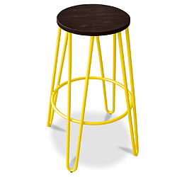 ICONIK INTERIOR Tabouret Rond - Design Industriel - Bois et Métal - 74cm - Épingle à cheveux Jaune