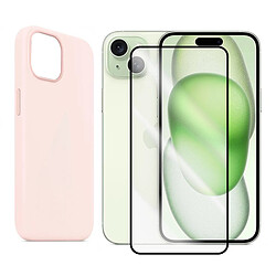 Coque de protection souple silicone Rose + Lot de 2 Verre trempé avec bords Noir pour iPhone 15 Plus 6.7" - VISIODIRECT -