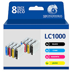 123CONSOMMABLES - LC100 - Pack 8 Cartouches d'encre compatibles pour Brother DCP-130C DCP-135C DCP-150C DCP-330C DCP-350C DCP-357C DCP-540CN DCP-560CN DCP-770CW FAX-1360 FAX-1460 FAX-2840