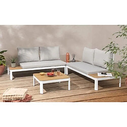 No Name Salon de jardin modulable, en aluminium couleur blanc et polywood - 4 personnes avec coussins gris - SANTANA