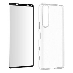 Avizar Coque Sony XPeria 5 III Silicone Souple Verre Trempé 9H Transparent Noir