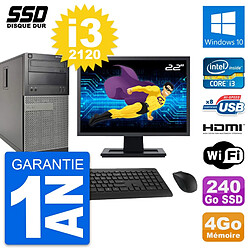 PC Tour Dell 390 MT Ecran 22" i3-2120 RAM 4Go SSD 240Go HDMI Windows 10 Wifi - Occasion