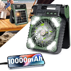 (vert) Ventilateur de Camping Solaire Ventilateur Solaire Rechargeable Portable 10000mAh avec Lumières LED Ventilateur de Tente Extérieure Pliable