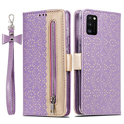 Etui en PU Fermeture éclair à motif de fleurs en dentelle avec support violet pour votre Samsung Galaxy A41 (Global Version)