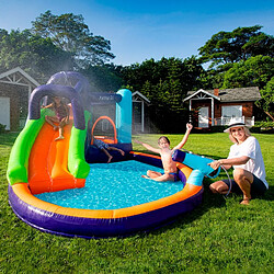 Airmyfun Château Aquatique Gonflable Magic Island avec toboggan et canons à eau, 430x380x190 cm - souffleur et sac de rangement inclus