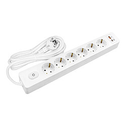 Null Multiprise SELDUR G6TH52B, 6 prises type F + interrupteur, USB A+C charge rapide 20W, Blanc, câble 5m