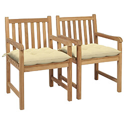 vidaXL Chaises de jardin lot de 2 et coussins blanc crème Bois de teck