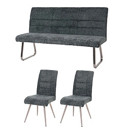 Decoshop26 Lot de 2 chaises de salle à manger + banc 160 cm inox brossé en tissu chenille bleu-vert 04_0008277