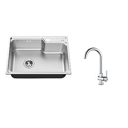 Auralum MAX AuralumMax Évier Cuisine 1Bac 62*45*21CM Évier Cuisine en Inox PVD Nano Vasque à Poser,Argent+Robinet Cuisine Chromé Pivotant 360° Eau Froide/Chaude