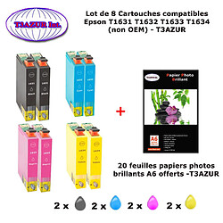 T16XL- 8 cartouches compatibles Epson T1631, T1632, T1633, T1634 pour WF 2010 2510 2520 2530 2540 2630WF 2650DWF - PPA6-T3AZUR