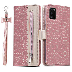 Etui en PU Fermeture éclair à motif de fleurs en dentelle avec support or rose pour votre Samsung Galaxy A41 (Global Version)