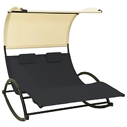 Helloshop26 Transat chaise longue bain de soleil lit de jardin terrasse meuble d'extérieur double avec auvent textilène noir et crème 02_0012723