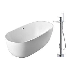 Vente-Unique Ensemble baignoire îlot blanche NICA + robinet mitigeur sur pied HARU