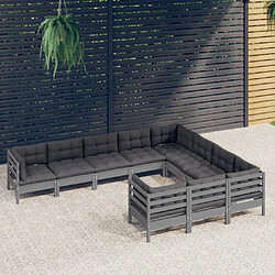 vidaXL Salon de jardin 10 pcs avec coussins gris bois de pin