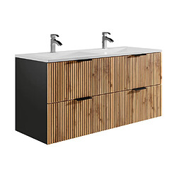 Avis Vente-Unique Meuble de salle de bain suspendu strié avec vasque à encastrer - Naturel clair et noir - 120 cm - MADELA