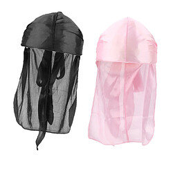 Avis 2 Pièces Durag Headwear Cap Chute De Cheveux Écharpe Bandana Turban Noir + Rose