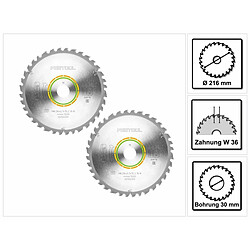 Festool 2x HW 216 x 30 x 2,3 mm Jeu de lames de scie circulaire universelle W36 216 mm - 36 dents (2x 500124)