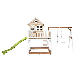 AXI Liam Maison Enfant avec Bac à Sable, 2 Balançoires & Toboggan VERT clair | Aire de Jeux pour l'extérieur en marron & BLANC | Maisonnette / Cabane de Jeu en Bois FSC