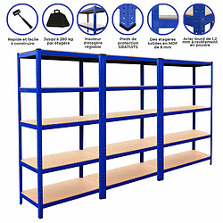 Monstershop 3 Rayonnages T-Rax en Acier Sans Boulons Bleus 90cm x 45cm x 180cm