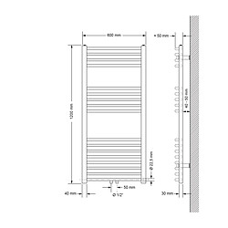 ECD Germany Radiateur Sèche-Serviettes Sahara - 600 x 1200 mm - Chrome - Connexion Central - sans Kit de Raccordement - Forme Courbé - avec Kit de montage Mural - Sèche Serviette pour Salle de Bain