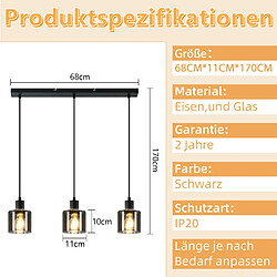 NETTLIFE Suspension Verre Noir Diam.68 cm E27 Vintage 3 Ampoules Lampe de Salle à Manger Lampe à Industrielle Rétro pour Salon Hôtel Bureau pas cher