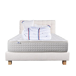 LUXURY LITERIE Ensemble matelas Purlux 140x190 cm + sommier beige ep20cm + 2 oreillers + couette + Tête de Lit