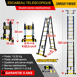 Escabeau-échelle télescopique Woerther 3m80/1m90 Double barre stabilisatrices - Plus housse - Qualité supérieure - Garantie 5 ans