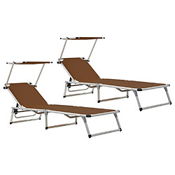 Helloshop26 Lot de deux chaises longues pliables toit aluminium textilène marron 02_0011960