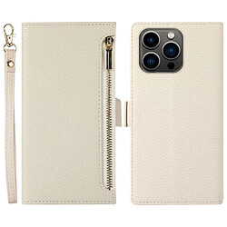 Etui en PU texture litchi, anti-écaillage avec pochette à fermeture éclair et sangle pour votre iPhone 14 Pro Max - blanc