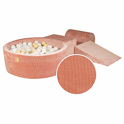 MeowBaby® Ensemble de jeu en mousse avec piscine à balles 90x30 cm/200 balles de 7 cm, Ensemble de jeu pour enfant, 4 éléments, Velours côtelé, Abricot, Balles : perle blanche, beige, transparentes