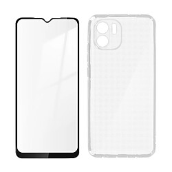 Avizar Coque Redmi A1 et A2 Silicone Gel Souple et Film Verre Trempé 9H Noir