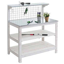 Decoshop26 Table à plantes jardin avec 4 étagères mur grillagé en bois 117x102x56 cm blanc 04_0008569