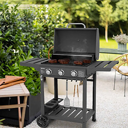 Barbecue à Gaz Portable Kekai Leech 118,5x57,5x104,5cm 9 kW avec 3 Brûleurs, Thermomètre, Tables Latérales, Étagère et Roulettes