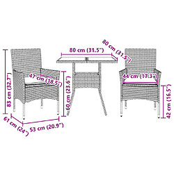 vidaXL Ensemble à manger de jardin et coussins 3 pcs beige rotin verre pas cher