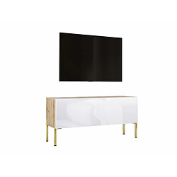 3XELIVING Meuble TV en couleur Chêne wotan / Blanc Brillant avec pieds droits en or, D: l : 100 cm, H : 52 cm, P : 32 cm