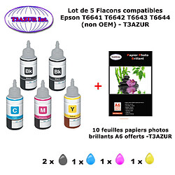 5 flacons compatibles Epson T6641 T6642 T6643 T6644 T66XL pour Epson Ecotank ET 2600 2650 3600 4500 -10f A6 brillantes -T3AZUR