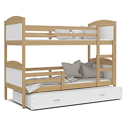 Kids Literie Lit Superposé 3 Places Mateo 90x190 Pin - blanc Livré avec sommiers, tiroir et matelas en mousse de 7cm