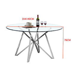 Vivenla Table de salle à manger ronde design piètement en acier inoxydable poli argenté et plateau en verre trempé transparent L. 140 x P. 140 x H. 76 cm collection LORENA pas cher