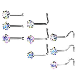 9 pièces en acier inoxydable zircon cristal vis à nez incurvé piercing multicolore