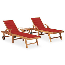 Helloshop26 Lot de 2 transats chaise longue bain de soleil lit de jardin terrasse meuble d'extérieur avec table et coussin bois de teck solide 02_0012086