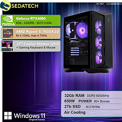 Sedatech Pack PC Gamer ATX Compact • AMD Ryzen 5 7600X3D • RTX4060 • 32Go DDR5 • 2To SSD M.2 • Windows 11 • Moniteur 27''