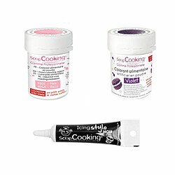 Scrapcooking 2 colorants alimentaires violet-rose poudré + Stylo glaçage noir