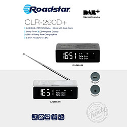 Radio-Réveil Numérique DAB/DAB+/FM, 2 Alarmes, Grand Écran LCD, Chargeur USB, , Blanc, Roadstar, CLR-290D+/WH