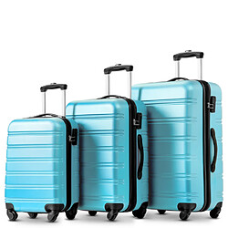 LBF Lot de 3 valises rigides à roulettes - En ABS - Avec serrure TSA et 4 roulettes - Pour homme et femme - Avec mallette rigide - Bagage à main - Tailles M, L, XL, bleu clair, Valise souple à 4