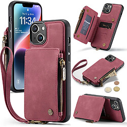 Etui en PU CASEME magnétique avec béquille zippée et sangle pour votre iPhone 14 Plus - rouge